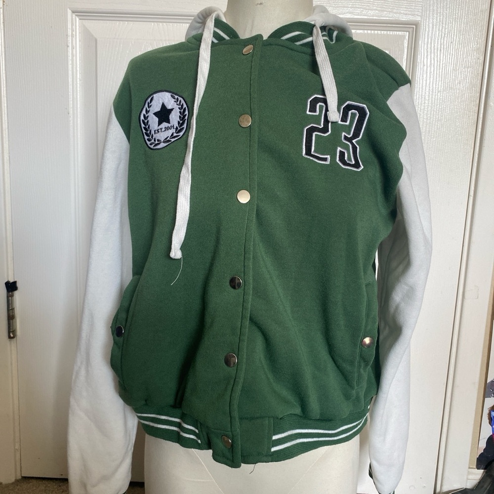 New Look Green and White Varsity Jacket with Hood